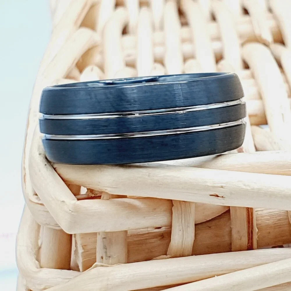 "Couble Groove Design Black Tungsten Wedding Band, GALTUN945 - Picture 3 of 4